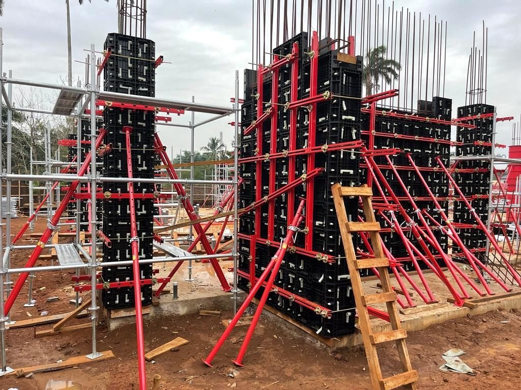 WINLONG multi-column wall plastic formwork with red steel bracing